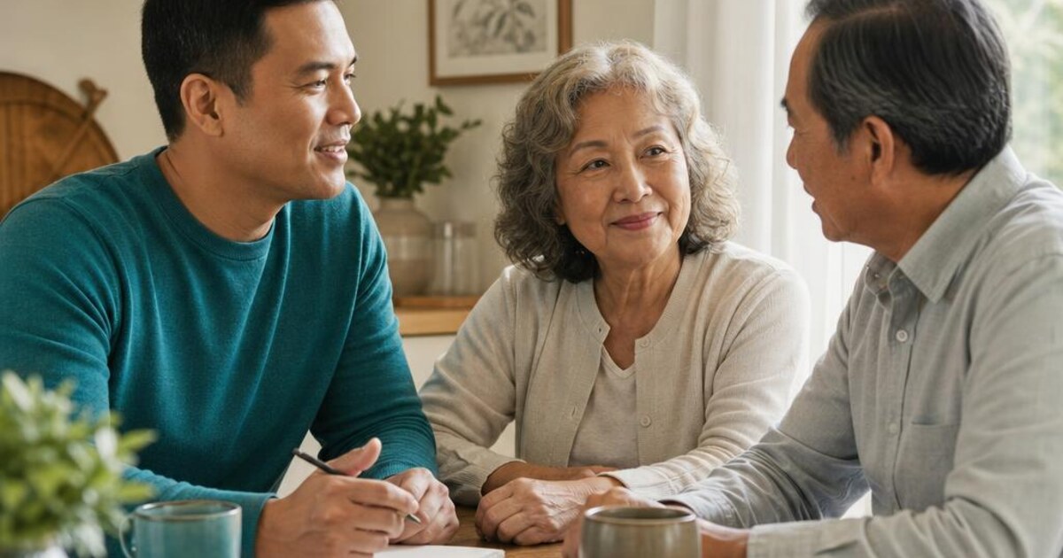 Family members coordinating an older parent's care together at home