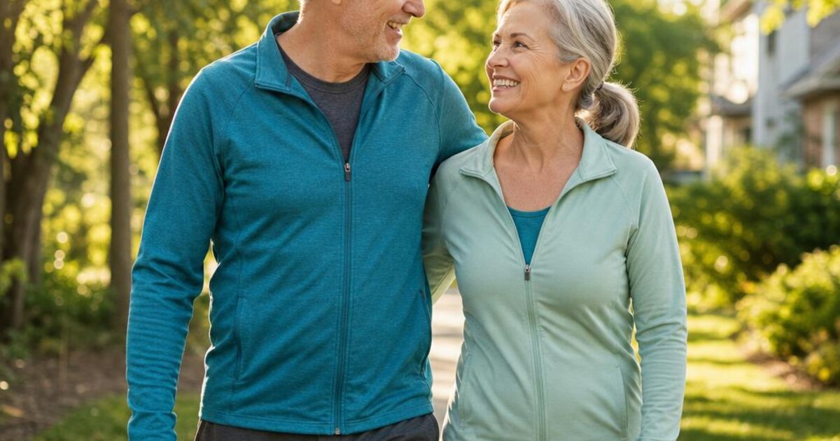 An active older couple walking together on a sunlit neighborhood trail